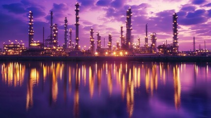 Fototapeta premium sprawling oil refinery at dusk illuminated by warm golden lights against a deep purple sky intricate network of pipes and towers reflected in still water below