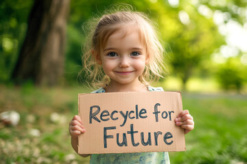 Smiling girl holding a cardboard sign reading "Recycle for Future" promoting environmental awareness, sustainability, and eco-friendly practices