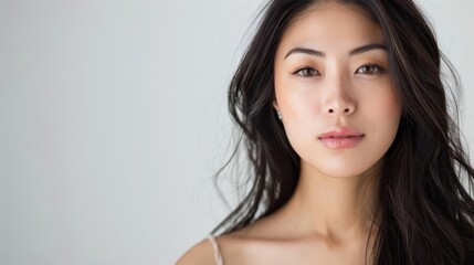 Naklejka premium studio portrait of a radiant asian woman with flawless skin soft flattering lighting enhances her natural beauty against a clean white background