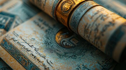 Macro shot of scholarship certificate, detailed textures, high quality, color grading, realistic photo, sharp focus, ultra HD 8k, close-up view