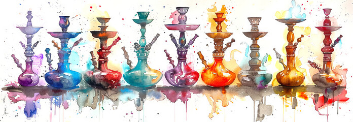 Colorful watercolor illustration of various hookahs on white background. Concept of smokable art, traditional paraphernalia, vibrant decor, cultural elements