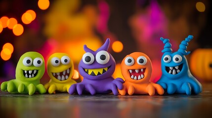Obraz premium Playful Plasticine Monsters on Halloween Table with Spooky Background