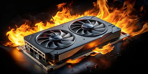 GPU on Fire, Black Background, Fiery Flames, Computer Hardware, Overheating, Gaming, Technology