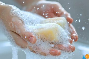 Fototapeta premium a person washing hands with soap under running water, with a focus on the bubbles and the importance of hygiene