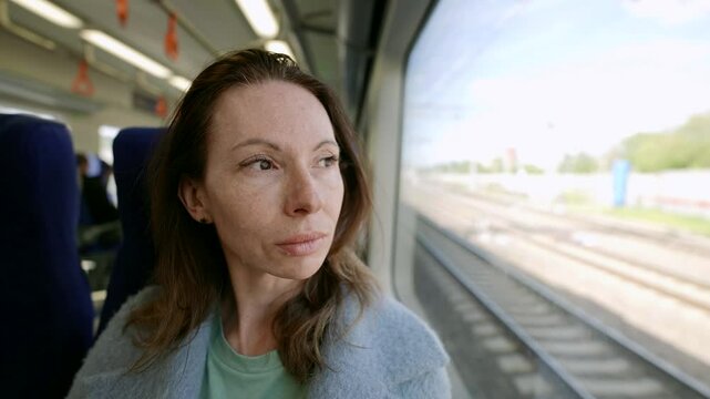 A woman is sitting at the train window, thoughtfully looking at the passing landscapes. Her face is illuminated by the soft daylight, and there is reflection and a slight sadness in her eyes.