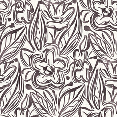 Black and white seamless pattern with flowers.  Ink Drawing.    Hand-drawn illustration.