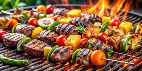 Fototapeta premium Grilled Skewers with Vegetables and Meat on a Charcoal Grill, BBQ, Grilled Food, Skewers, Summer