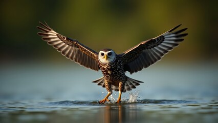 Obraz premium Majestic Owl in Flight Over Water