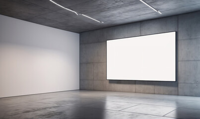 A large, blank canvas hangs on a concrete wall in a modern gallery