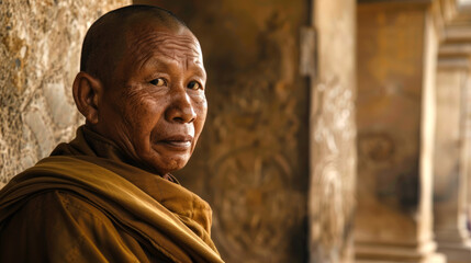 Naklejka premium Close-up photo of a Asian monk in a monastery. Concept of spirituality, traditional attire, serene expression, historic architecture