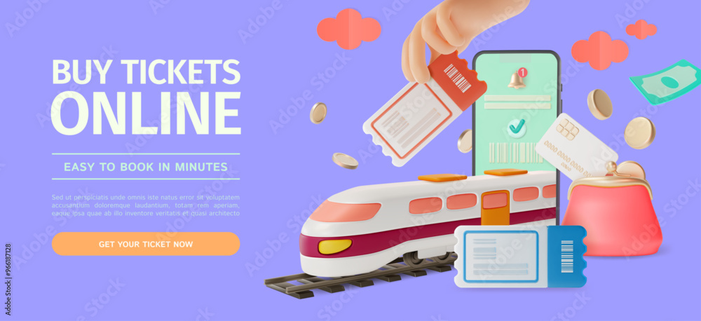 Sticker 3d Buy Train Tickets Online Travel and Tourism Concept Ads Banner Poster Card. Vector illustration of Mobile Phone