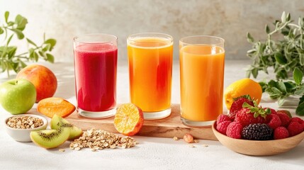 A health-conscious setup with a selection of freshly blended fruit juices, each in a clear glass, surrounded by whole fruits and a bowl of granola, creating a balanced and appetizing scene.