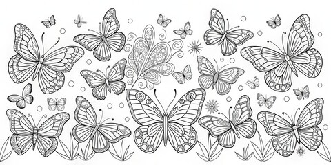 Intricate Butterfly Garden Coloring Page, black and white line art, detailed wings, floral patterns, butterfly, nature, coloring book