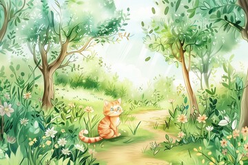 A cat is sitting on a path in a forest