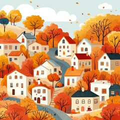 Charming Autumn Cityscape with Colorful Trees and Tiny Houses