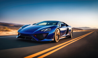 A blue sports car drives down a desert highway at sunset