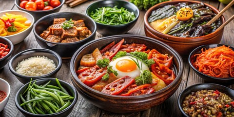 Fototapeta premium Korean Food Table with Fried Egg, Vegetables, and Stews, Korean Cuisine, Food Photography, Korean Food
