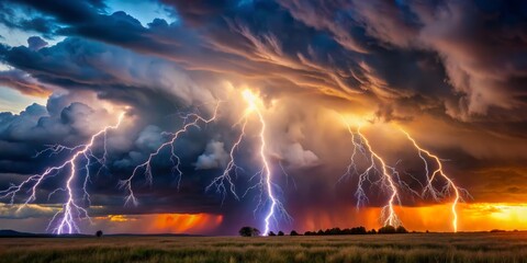 Lightning Strikes at Sunset - Dramatic Stormy Sky with Multiple Bolts Illuminating the Horizon, Digital Painting, Landscape, Nature Photography, Thunderstorm, Weather, Lightning
