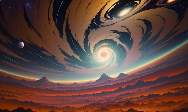 Futuristic cosmic animation with deep space, galaxy, and futuristic cityscape on planet. Bright cosmic animation with illustrations transformations and metamorphose. AI generated cinematic video