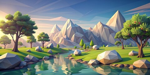 Low Poly Mountain Valley River, Low Poly, Landscape, Nature