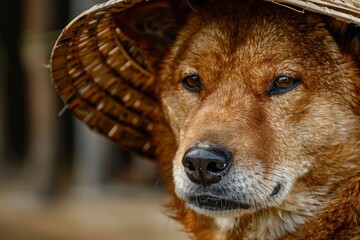 Wise dog wearing straw hat portrait