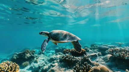 Obraz premium tranquil underwater scene celebrating world oceans day diverse marine life from vibrant coral to graceful sea turtles in crystalclear turquoise waters