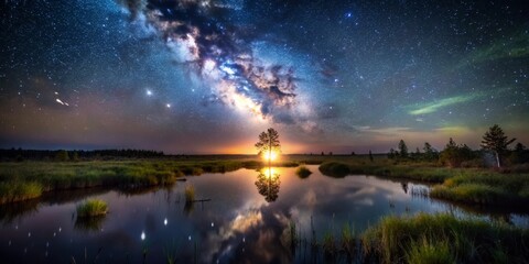 Fototapeta premium Milky Way Reflection on a Tranquil Pond, Landscape Photography, Night Sky, Stars ,reflection, pond