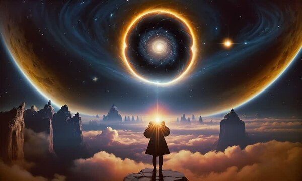 Futuristic cosmic animation with  planet, deep space, galaxy. Bright cosmic animation with illustrations transformations and metamorphose. AI generated cinematic video