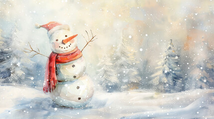 Fototapeta premium Watercolor cheerful snowman with a scarf in a snowy winter landscape. Concept of holiday spirit, festive season, whimsical winter scene. Perfect for seasonal decorations and greeting cards