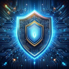 Fototapeta premium A futuristic digital shield icon glowing on a circuit board, representing cyber security and data protection.