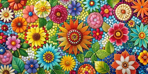 Mosaic Flower Garden A vibrant tapestry of colorful blooms, leaves and stones, mosaic art, floral art, garden art