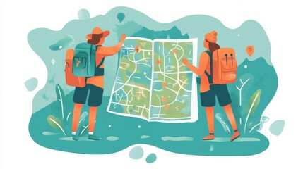 Two travelers with backpacks explore a large map in a scenic outdoor setting, planning their adventure.