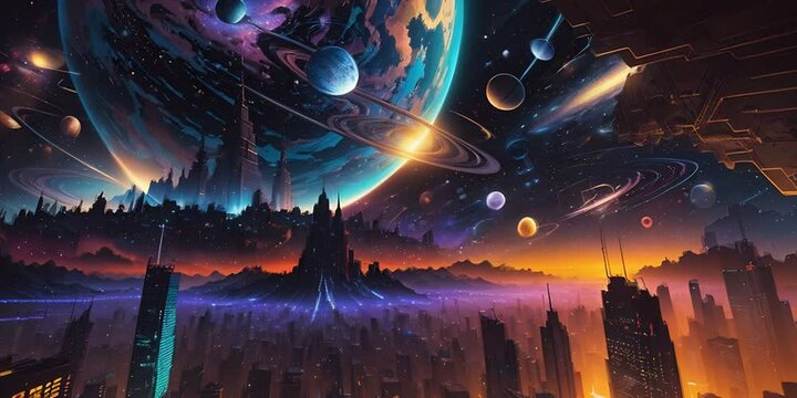 Futuristic cosmic animation with deep space, galaxy, and futuristic cityscape on planet. Bright cosmic animation with illustrations transformations, music visualization concept. AI generated video