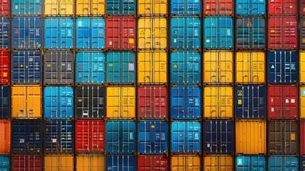 Obraz premium vibrant array of shipping containers stacked in neat rows creating a colorful geometric pattern each container features bold hues and company logos symbolizing global trade and logistics