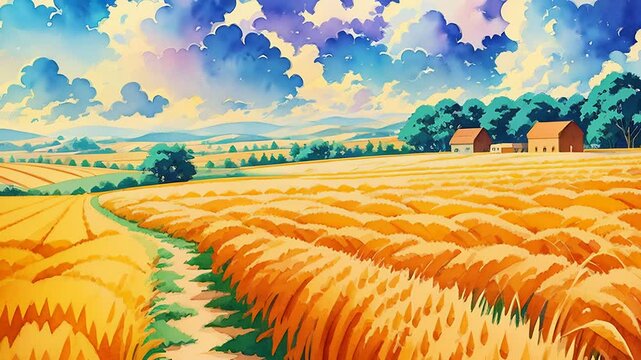 Wheat field on a sunny summer day, trees and blue sky. Rural landscape, bright animation with illustrations transformations and metamorphose. AI Generative AI