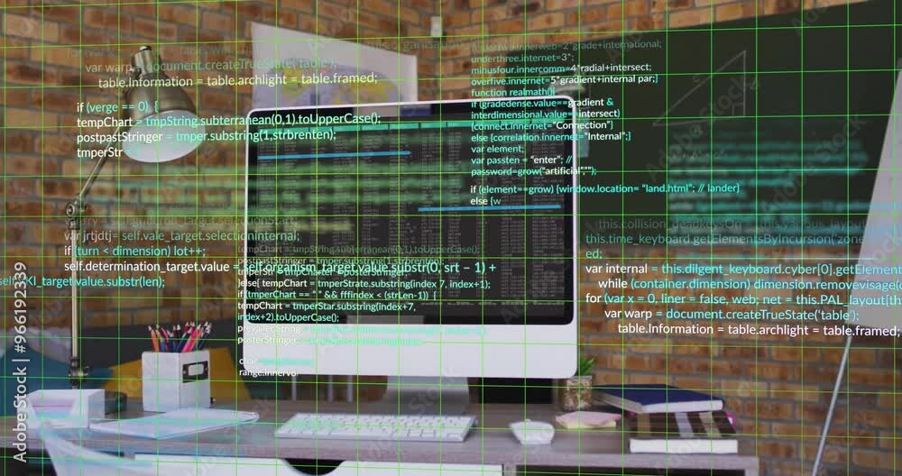 Poster animation of digital data processing over computer on desk