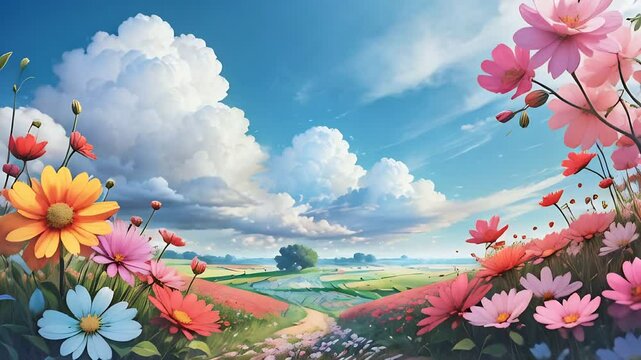 Colorful rural landscape in anime style. Billowing grass and flowers, moving clouds. Bright animation with image transformations and metamorphosis. AI-generated video