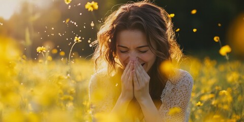 Seasonal Allergy Struggle: Woman Sneezing in Blooming Garden. Pollen Sensitivity Illustrated for Health Awareness Campaigns. Floral Background Highlighting Hay Fever Symptoms and Allergic Reactions in
