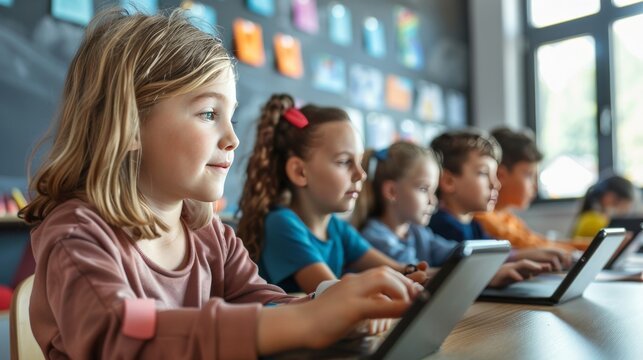 Children using tablets for an interactive learning activity, seated at desks in a modern classroom