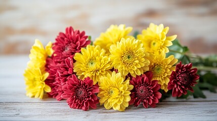 Floral background. Yellow and red chrysanthemums on a light wooden background. A bright bouquet of autumn flowers. Front view 