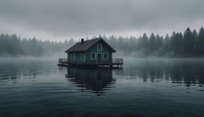 Obraz premium Serene House on Misty Lake
