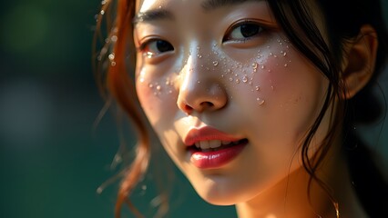 Asian woman with water droplets on face