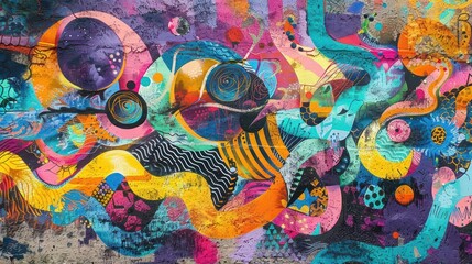 Obraz premium vibrant graffiti mural on concrete wall depicting abstract figures and swirling patterns in neon colors dynamic composition with spray paint texture and urban backdrop