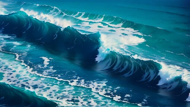 Ocean seascape with waves. Nautical landscape with wavy azure water and blue sky in retro style. Bright animation with illustrations transformations and metamorphose. AI generated video
