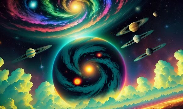 Futuristic cosmic animation with planet, deep space, galaxy. Bright cosmic animation with illustrations transformations and metamorphose. AI generated cinematic video