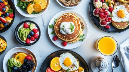 A beautifully arranged brunch table features a variety of dishes including fluffy pancakes topped with fresh berries, eggs, and vibrant fruit, perfect for a cheerful weekend meal