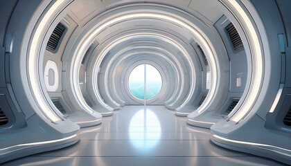 Obraz premium A futuristic hallway with a large, round doorway leading to a brightly lit room. The walls are white and smooth, and the floor is polished concrete.