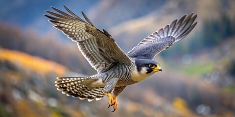 Fototapeta premium Peregrine Falcon in Flight, Sharp Focus, Blurred Background, Bird of Prey, Wildlife Photography, Falcon, Bird