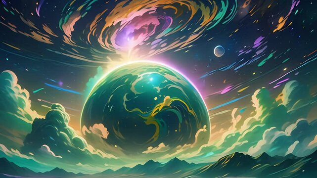 Futuristic cosmic animation with deep space, galaxy, and green planet. Bright cosmic animation with illustrations transformations and metamorphose. AI generated cinematic video