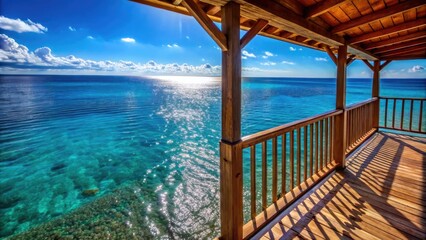 Fototapeta premium Serene ocean view from a sunlit wooden deck.